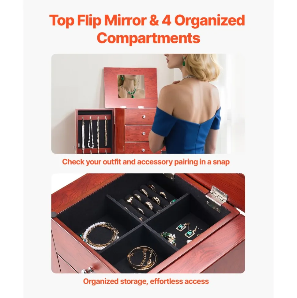 VEVOR Jewelry Cabinet Armoire, Standing Wood Jewelry Storage Chest with 4 Spacious Drawers, Flip Top Mirror, 4 Top Storage Compartments, Zinc Alloy Handles, 2 Side Doors with 16 Necklace Hooks