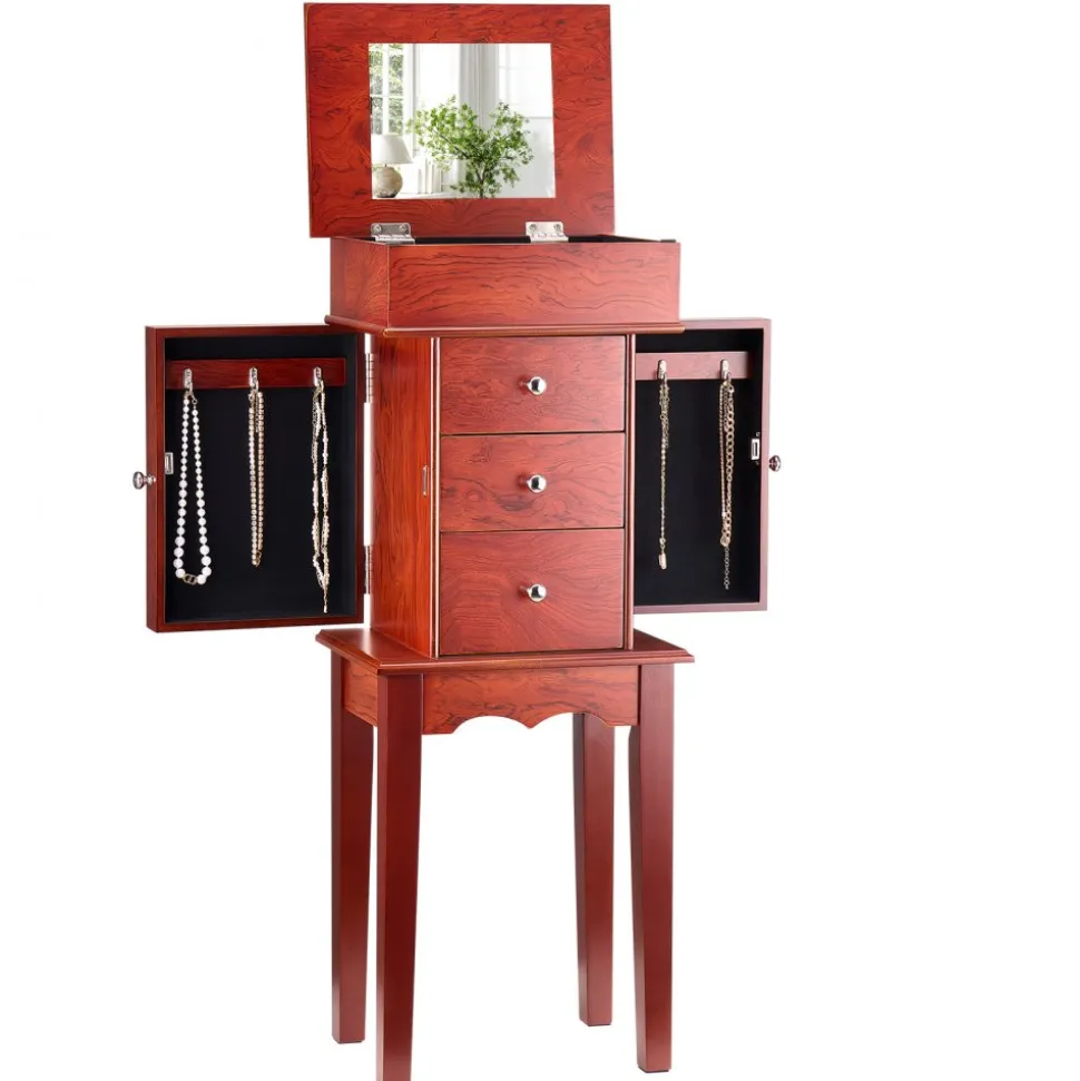 VEVOR Jewelry Cabinet Armoire, Standing Wood Jewelry Storage Chest with 3 Drawers, Flip Top Mirror, 4 Top Storage Compartments, Zinc Alloy Handles, 2 Side Doors with 6 Necklace Hooks