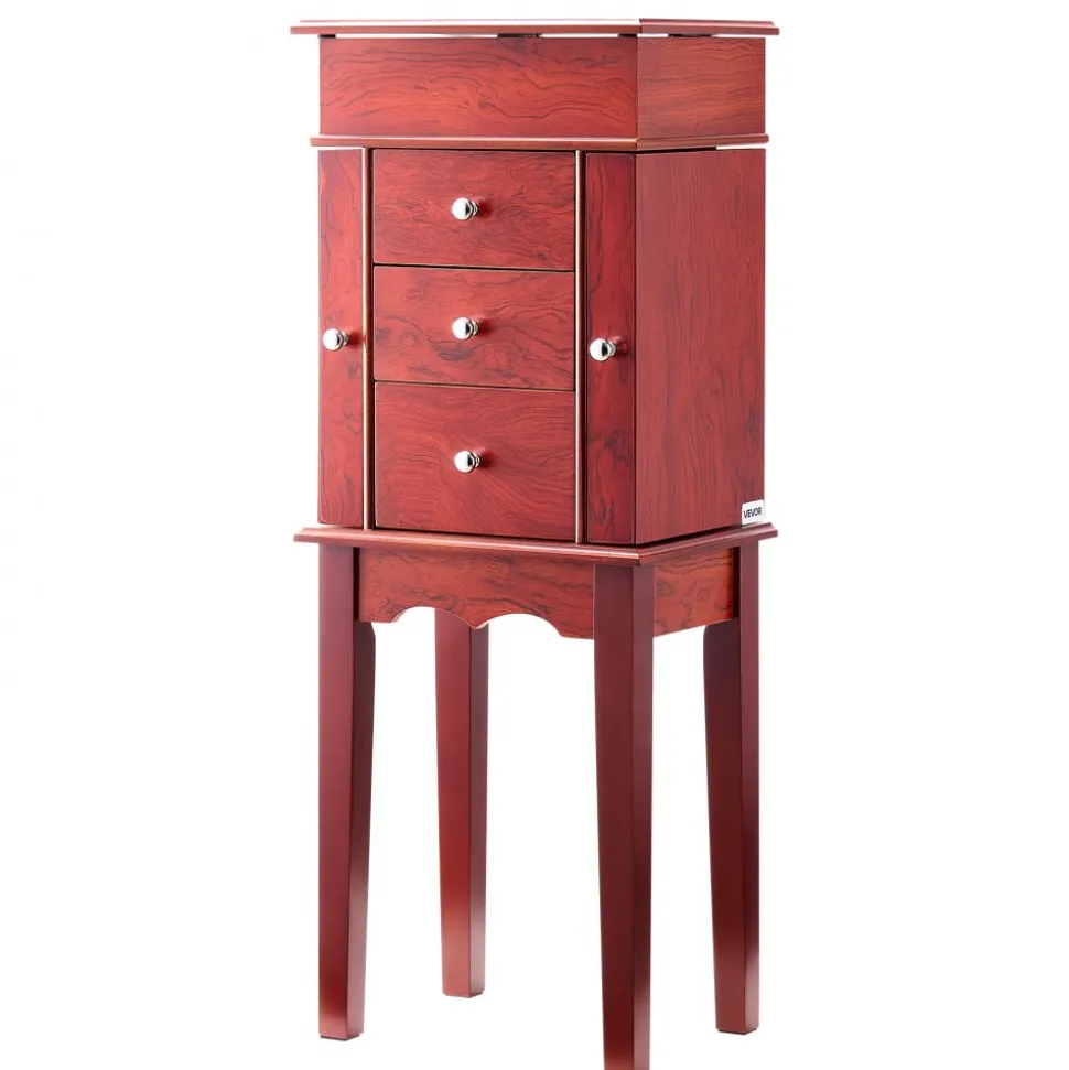 VEVOR Jewelry Cabinet Armoire, Standing Wood Jewelry Storage Chest with 3 Drawers, Flip Top Mirror, 4 Top Storage Compartments, Zinc Alloy Handles, 2 Side Doors with 6 Necklace Hooks