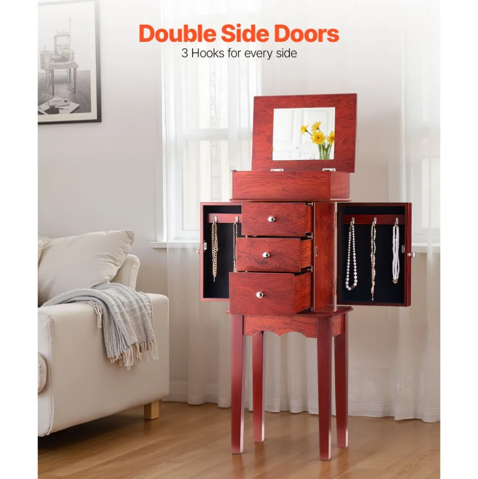 VEVOR Jewelry Cabinet Armoire, Standing Wood Jewelry Storage Chest with 3 Drawers, Flip Top Mirror, 4 Top Storage Compartments, Zinc Alloy Handles, 2 Side Doors with 6 Necklace Hooks
