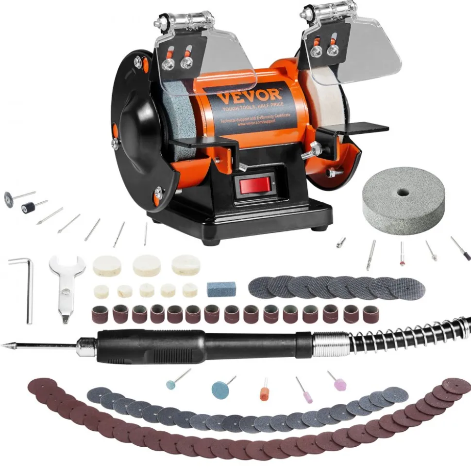VEVOR Jewelry Polisher, Bench Grinder Polishing & Buffing Machine, 3590RPM Bench Lathe Polisher with 1 Wool Wheel & 1 Abrasive Fiber Wheel & 1 Grinding Wheel & 100pcs Tools