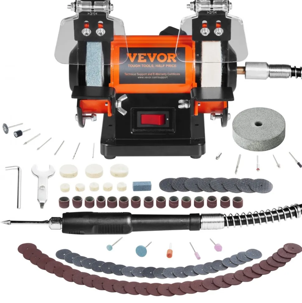 VEVOR Jewelry Polisher, Bench Grinder Polishing & Buffing Machine, 3590RPM Bench Lathe Polisher with 1 Wool Wheel & 1 Abrasive Fiber Wheel & 1 Grinding Wheel & 100pcs Tools