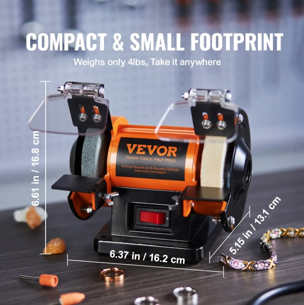 VEVOR Jewelry Polisher, Bench Grinder Polishing & Buffing Machine, 3590RPM Bench Lathe Polisher with 1 Wool Wheel & 1 Abrasive Fiber Wheel & 1 Grinding Wheel & 100pcs Tools