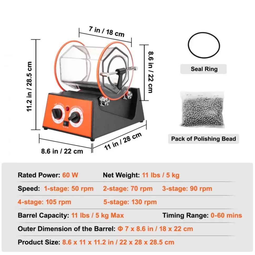 VEVOR Jewelry Polisher Tumbler, 11lbs/5kg Capacity Mini Rotary Tumbler Machine with 0-60 Minutes Timer, 5 Speeds Jewelry Rotary Finisher for Surface Polishing Grinding Buffing Gemstones Jewels Coins