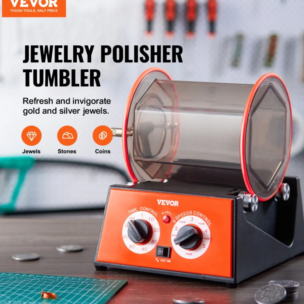 VEVOR Jewelry Polisher Tumbler, 11lbs/5kg Capacity Mini Rotary Tumbler Machine with 0-60 Minutes Timer, 5 Speeds Jewelry Rotary Finisher for Surface Polishing Grinding Buffing Gemstones Jewels Coins