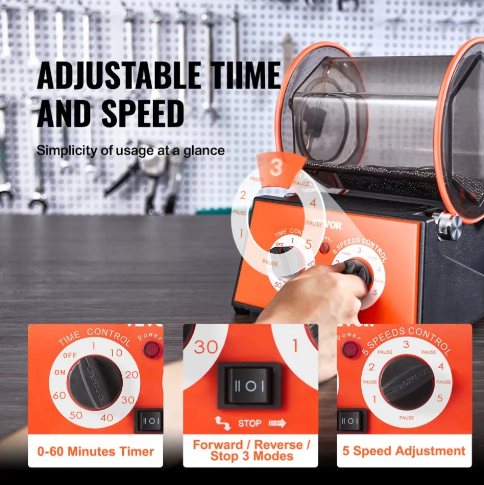 VEVOR Jewelry Polisher Tumbler, 11lbs/5kg Capacity Mini Rotary Tumbler Machine with 0-60 Minutes Timer, 5 Speeds Jewelry Rotary Finisher for Surface Polishing Grinding Buffing Gemstones Jewels Coins