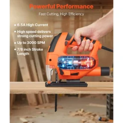 VEVOR Jig Saw, 6.5 Amp, 3000 SPM Blade Speed, Electric Jigsaw with 6 pcs Blades, LED Light, 6 Variable Speed, 0- 45° Bevel Cuts, 4 Orbital Settings for Straight/Circle Cutting, for Wood and Metal