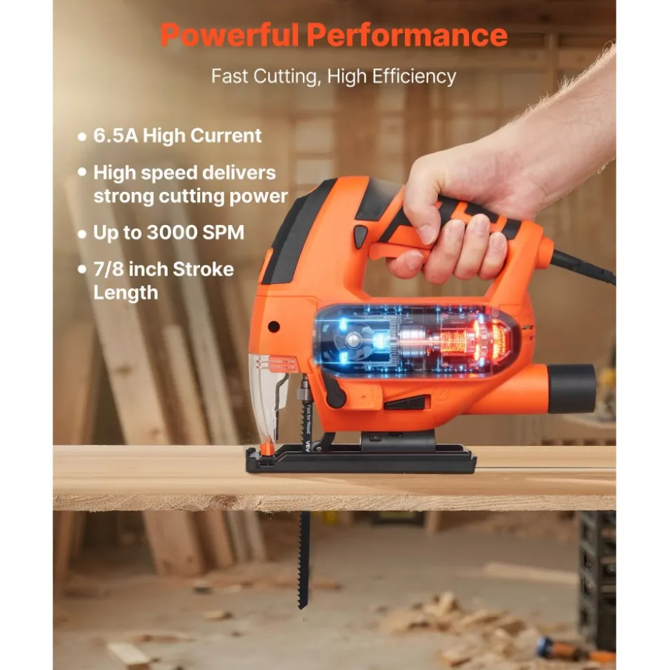 VEVOR Jig Saw, 6.5 Amp, 3000 SPM Blade Speed, Electric Jigsaw with 6 pcs Blades, LED Light, 6 Variable Speed, 0- 45° Bevel Cuts, 4 Orbital Settings for Straight/Circle Cutting, for Wood and Metal