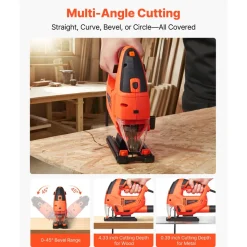 VEVOR Jig Saw, 6.5 Amp, 3000 SPM Blade Speed, Electric Jigsaw with 6 pcs Blades, LED Light, 6 Variable Speed, 0- 45° Bevel Cuts, 4 Orbital Settings for Straight/Circle Cutting, for Wood and Metal