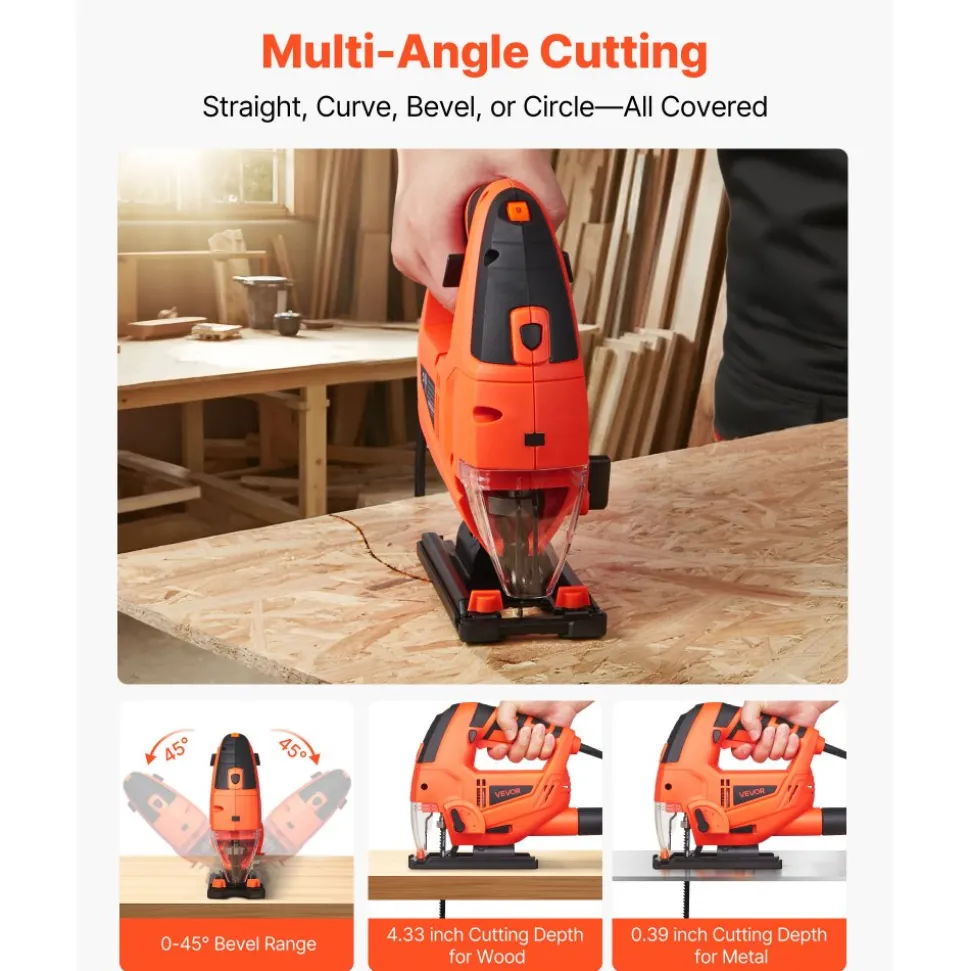 VEVOR Jig Saw, 6.5 Amp, 3000 SPM Blade Speed, Electric Jigsaw with 6 pcs Blades, LED Light, 6 Variable Speed, 0- 45° Bevel Cuts, 4 Orbital Settings for Straight/Circle Cutting, for Wood and Metal