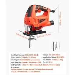 VEVOR Jig Saw, 6.5 Amp, 3000 SPM Blade Speed, Electric Jigsaw with 6 pcs Blades, LED Light, 6 Variable Speed, 0- 45° Bevel Cuts, 4 Orbital Settings for Straight/Circle Cutting, for Wood and Metal
