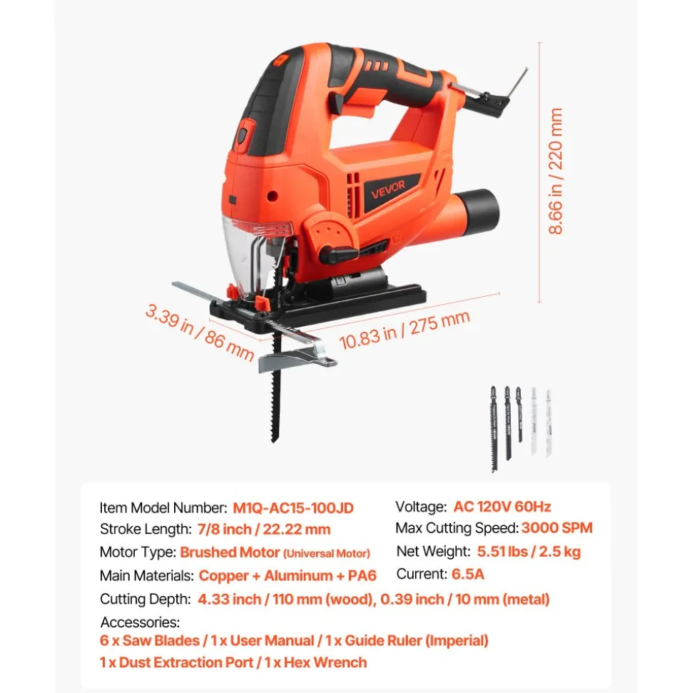 VEVOR Jig Saw, 6.5 Amp, 3000 SPM Blade Speed, Electric Jigsaw with 6 pcs Blades, LED Light, 6 Variable Speed, 0- 45° Bevel Cuts, 4 Orbital Settings for Straight/Circle Cutting, for Wood and Metal