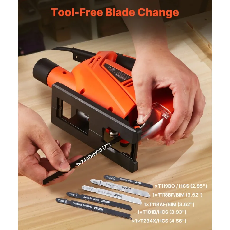 VEVOR Jig Saw, 6.5 Amp, 3000 SPM Blade Speed, Electric Jigsaw with 6 pcs Blades, LED Light, 6 Variable Speed, 0- 45° Bevel Cuts, 4 Orbital Settings for Straight/Circle Cutting, for Wood and Metal