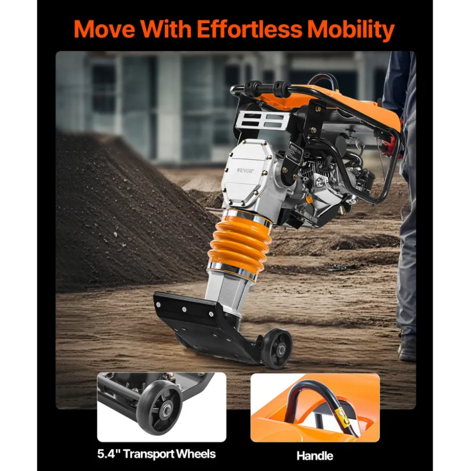 VEVOR Jumping Jack Compactor, 6.5 HP Vibratory Rammer Fuel-Powered 196 cc Engine Tamper, 3600 lbs Impact Force, 26" Max Compaction Depth, for Soil, Gravel, Footings, Concrete Slabs, and Foundations
