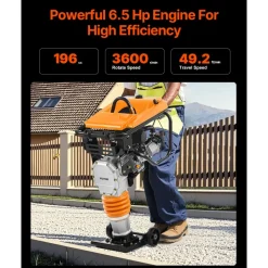 VEVOR Jumping Jack Compactor, 6.5 HP Vibratory Rammer Fuel-Powered 196 cc Engine Tamper, 3600 lbs Impact Force, 26