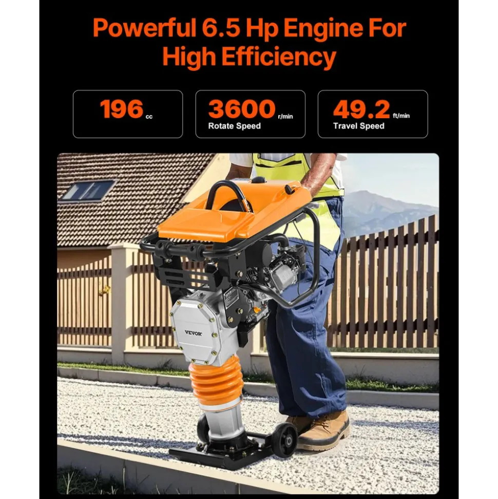 VEVOR Jumping Jack Compactor, 6.5 HP Vibratory Rammer Fuel-Powered 196 cc Engine Tamper, 3600 lbs Impact Force, 26" Max Compaction Depth, for Soil, Gravel, Footings, Concrete Slabs, and Foundations