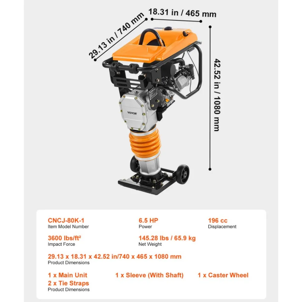 VEVOR Jumping Jack Compactor, 6.5 HP Vibratory Rammer Fuel-Powered 196 cc Engine Tamper, 3600 lbs Impact Force, 26" Max Compaction Depth, for Soil, Gravel, Footings, Concrete Slabs, and Foundations