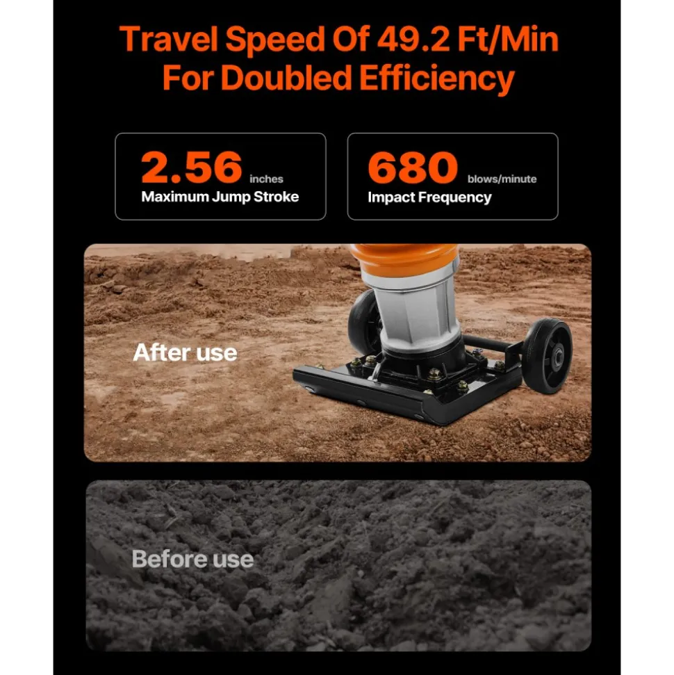 VEVOR Jumping Jack Compactor, 6.5 HP Vibratory Rammer Fuel-Powered 196 cc Engine Tamper, 3600 lbs Impact Force, 26" Max Compaction Depth, for Soil, Gravel, Footings, Concrete Slabs, and Foundations