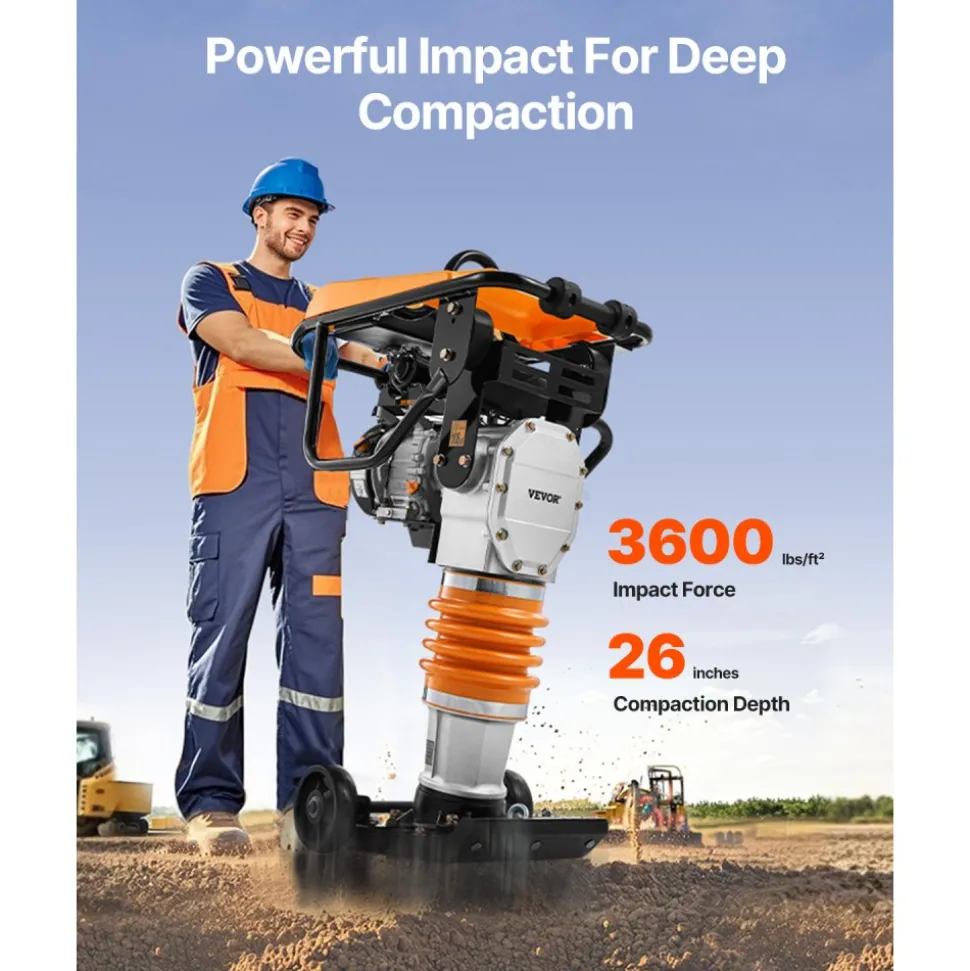 VEVOR Jumping Jack Compactor, 6.5 HP Vibratory Rammer Fuel-Powered 196 cc Engine Tamper, 3600 lbs Impact Force, 26" Max Compaction Depth, for Soil, Gravel, Footings, Concrete Slabs, and Foundations