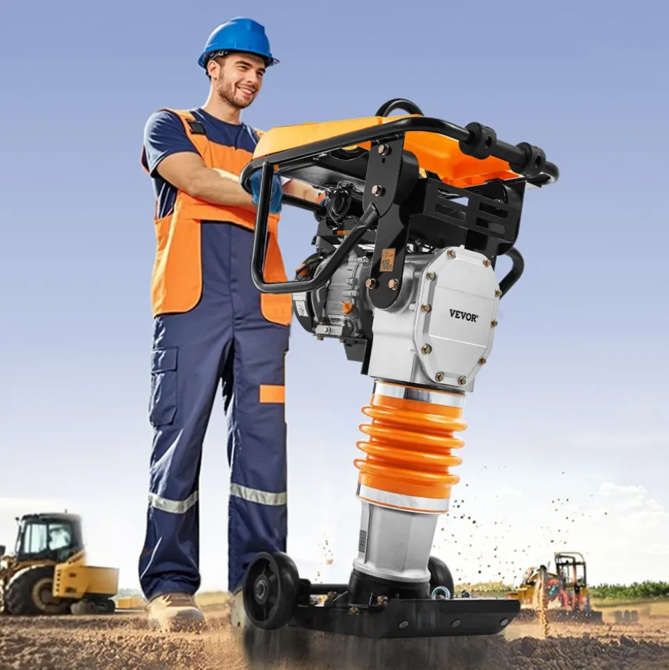 VEVOR Jumping Jack Compactor, 6.5 HP Vibratory Rammer Fuel-Powered 196 cc Engine Tamper, 3600 lbs Impact Force, 26" Max Compaction Depth, for Soil, Gravel, Footings, Concrete Slabs, and Foundations