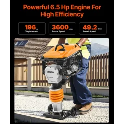 VEVOR Jumping Jack Compactor, 6.5 HP Vibratory Rammer Fuel-Powered 196 cc Engine Tamper, 3600 lbs Impact Force, 26