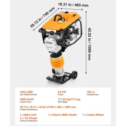 VEVOR Jumping Jack Compactor, 6.5 HP Vibratory Rammer Fuel-Powered 196 cc Engine Tamper, 3600 lbs Impact Force, 26