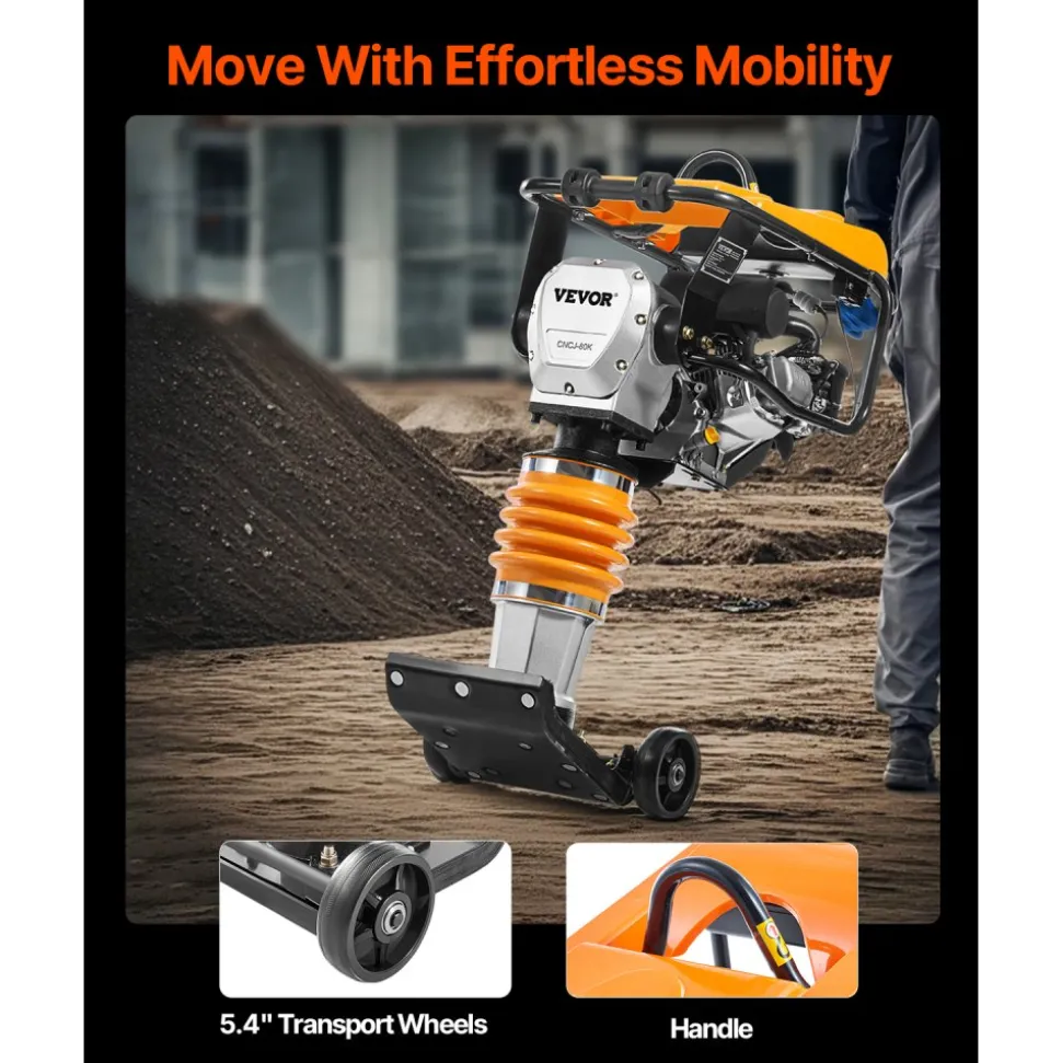 VEVOR Jumping Jack Compactor, 6.5 HP Vibratory Rammer Fuel-Powered 196 cc Engine Tamper, 3600 lbs Impact Force, 26" Max Compaction Depth, Four-Spring, for Soil, Gravel, Concrete Slabs, Foundations