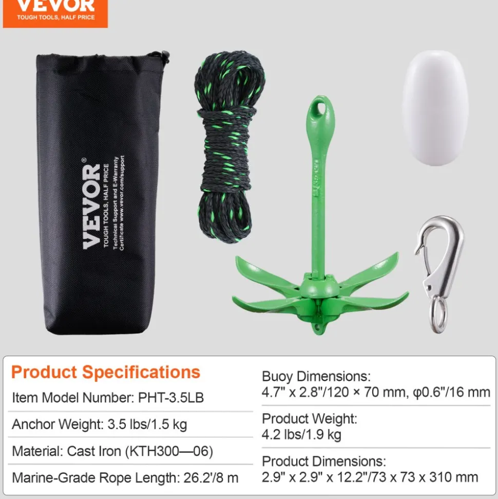 VEVOR Kayak Anchor Kit, 3.5 lb Paddle Board Anchor Kit with 26.2 ft/8 m Rope and Buoy, Folding Small Boat Anchor with Storage Bag and Snap Hook, Kayak Accessories for Kayaks, Small Boats, Canoes