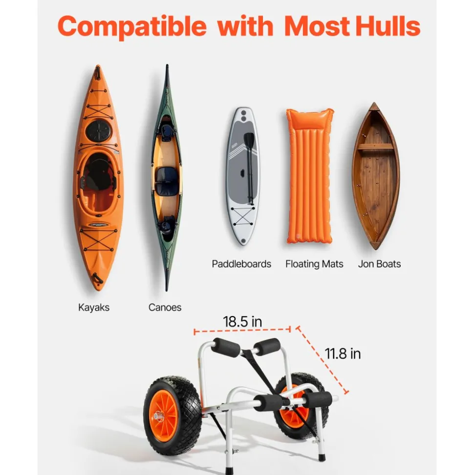 VEVOR Kayak Cart, 250 lbs Load Capacity, Foldable Kayak Trolley with 10-inch Solid Rubber Tires & 1 Ratchet Strap, Paddle Board Trolley for Carrying Kayaks, Canoes, Paddleboards, Float Mats, Jon Boats