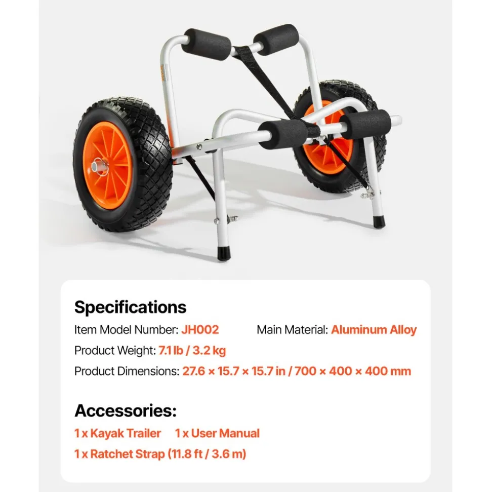 VEVOR Kayak Cart, 250 lbs Load Capacity, Foldable Kayak Trolley with 10-inch Solid Rubber Tires & 1 Ratchet Strap, Paddle Board Trolley for Carrying Kayaks, Canoes, Paddleboards, Float Mats, Jon Boats