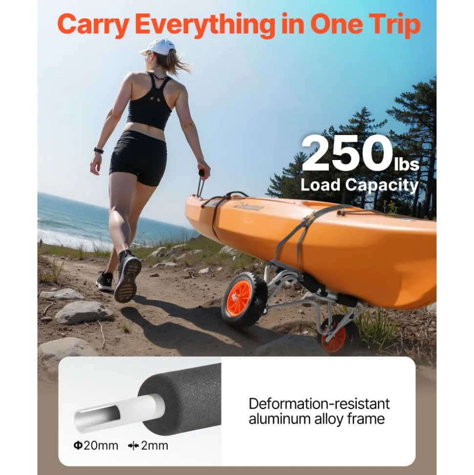 VEVOR Kayak Cart, 250 lbs Load Capacity, Foldable Kayak Trolley with 10-inch Solid Rubber Tires & 1 Ratchet Strap, Paddle Board Trolley for Carrying Kayaks, Canoes, Paddleboards, Float Mats, Jon Boats