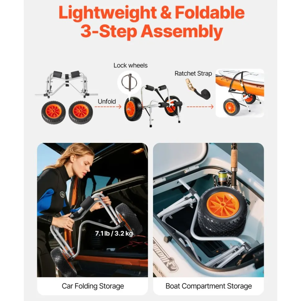 VEVOR Kayak Cart, 250 lbs Load Capacity, Foldable Kayak Trolley with 10-inch Solid Rubber Tires & 1 Ratchet Strap, Paddle Board Trolley for Carrying Kayaks, Canoes, Paddleboards, Float Mats, Jon Boats
