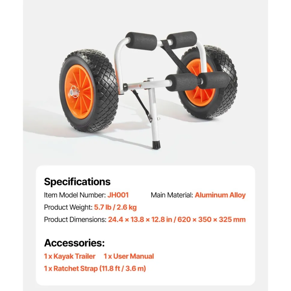 VEVOR Kayak Cart, 200 lbs Load Capacity, Foldable Kayak Trolley with 10-inch Solid Rubber Tires & 1 Ratchet Strap, Paddle Board Trolley for Carrying Kayaks, Canoes, Paddleboards, Float Mats, Jon Boats