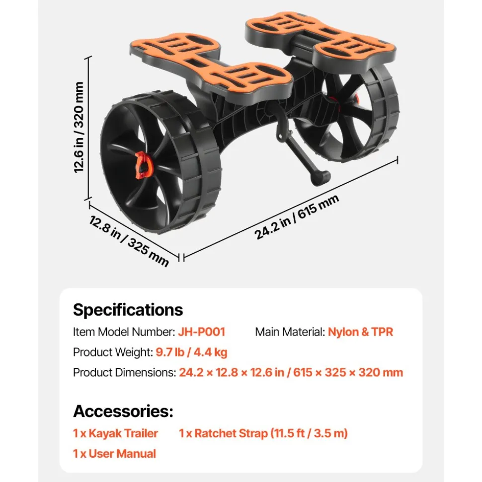 VEVOR Kayak Cart, 300 lbs Load Capacity, Foldable Kayak Trolley with 10-inch Solid Rubber Tires & 1 Ratchet Strap, Paddle Board Trolley for Carrying Kayaks, Canoes, Paddleboards, Float Mats, Jon Boats