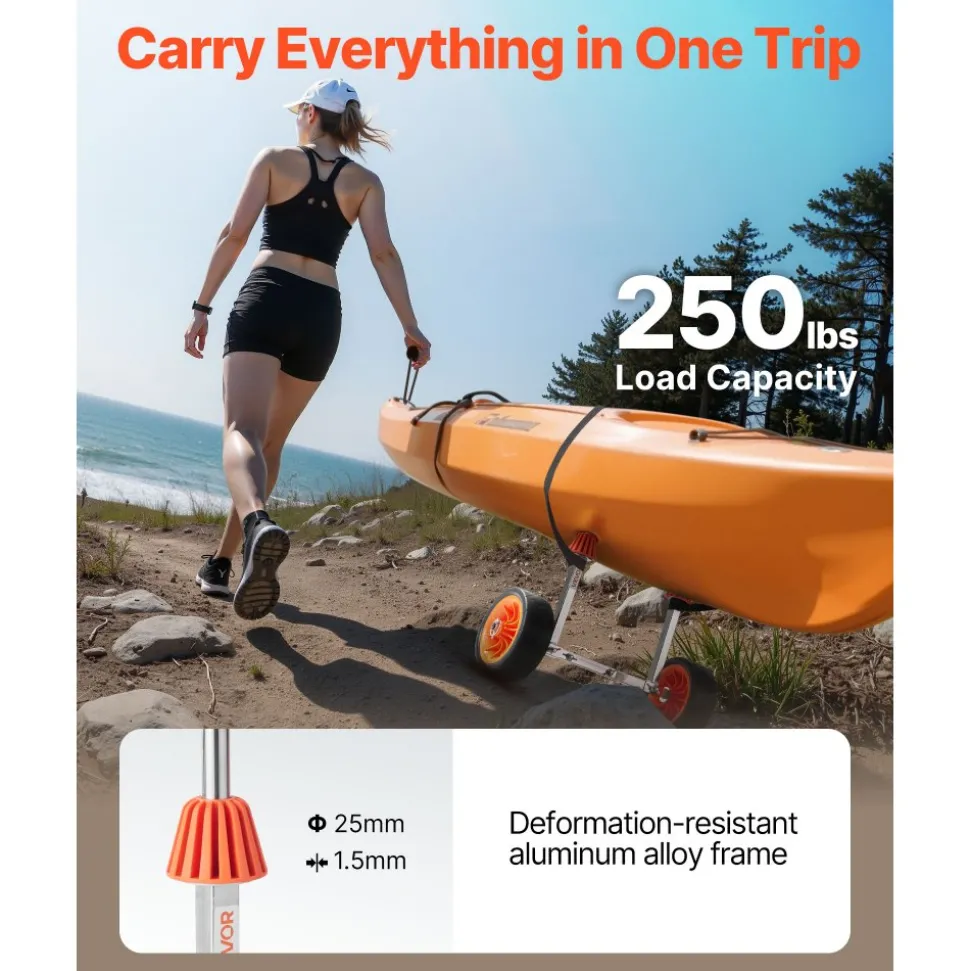 VEVOR Kayak Cart, 250 lbs Load Capacity, Canoe Cart Dolly with 7.5-inch Solid Rubber Tires & Kickstand, Assembles & Disassembles Within Seconds, Paddle Board Trolley for Kayaks, Canoes, Paddleboards