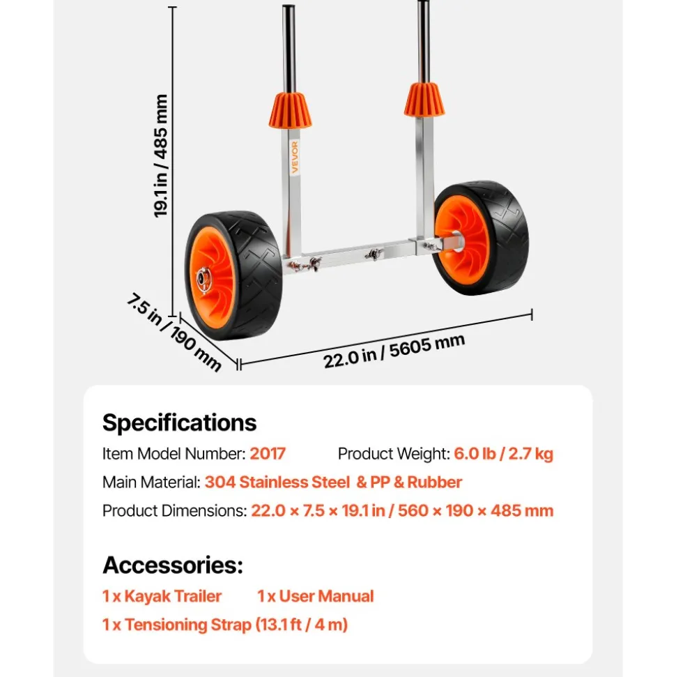 VEVOR Kayak Cart, 250 lbs Load Capacity, Canoe Cart Dolly with 7.5-inch Solid Rubber Tires & Kickstand, Assembles & Disassembles Within Seconds, Paddle Board Trolley for Kayaks, Canoes, Paddleboards