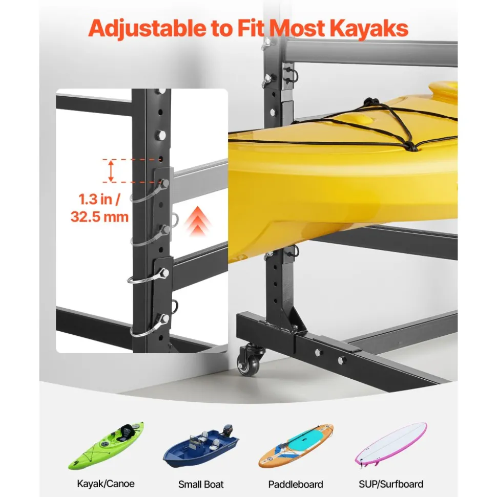 VEVOR Kayak Storage Rack for 2 Kayaks, Holds 175 lbs, Heavy Duty Adjustable Freestanding Stand with Lockable Wheels for Indoor Outdoor Garage Shed Dock, Holder for Canoe, SUP, Surfboard & Paddleboard