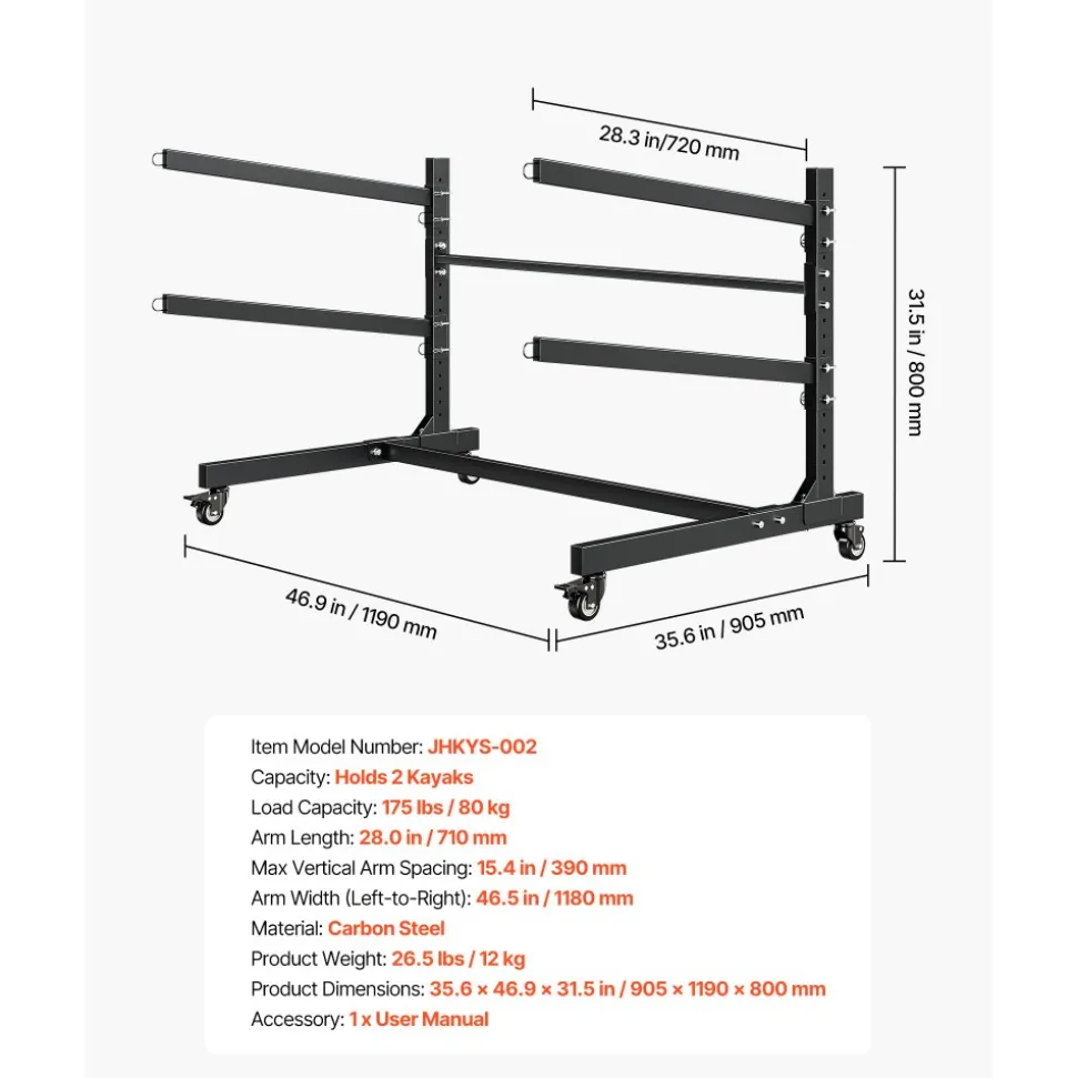 VEVOR Kayak Storage Rack for 2 Kayaks, Holds 175 lbs, Heavy Duty Adjustable Freestanding Stand with Lockable Wheels for Indoor Outdoor Garage Shed Dock, Holder for Canoe, SUP, Surfboard & Paddleboard