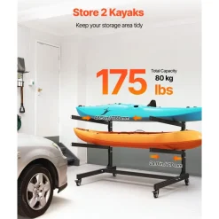 VEVOR Kayak Storage Rack for 2 Kayaks, Holds 175 lbs, Heavy Duty Adjustable Freestanding Stand with Lockable Wheels for Indoor Outdoor Garage Shed Dock, Holder for Canoe, SUP, Surfboard & Paddleboard