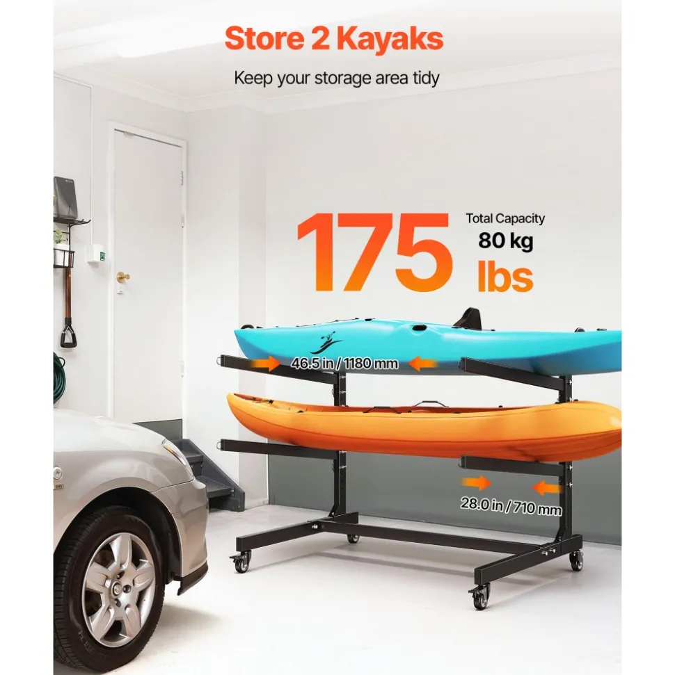 VEVOR Kayak Storage Rack for 2 Kayaks, Holds 175 lbs, Heavy Duty Adjustable Freestanding Stand with Lockable Wheels for Indoor Outdoor Garage Shed Dock, Holder for Canoe, SUP, Surfboard & Paddleboard