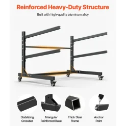 VEVOR Kayak Storage Rack for 2 Kayaks, Holds 175 lbs, Heavy Duty Adjustable Freestanding Stand with Lockable Wheels for Indoor Outdoor Garage Shed Dock, Holder for Canoe, SUP, Surfboard & Paddleboard