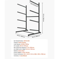 VEVOR Kayak Storage Rack for 4 Kayaks, Holds 220 lbs, Heavy Duty Freestanding Stand for Indoor Outdoor Garage Shed Dock, Storage Rack Stand Holder for Canoe, Small Boat, SUP, Surfboard & Paddleboard