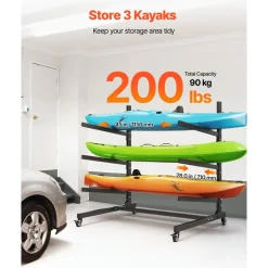 VEVOR Kayak Storage Rack for 3 Kayaks, Holds 200 lbs, Heavy Duty Adjustable Freestanding Stand with Lockable Wheels for Indoor Outdoor Garage Shed Dock, Holder for Canoe, SUP, Surfboard & Paddleboard