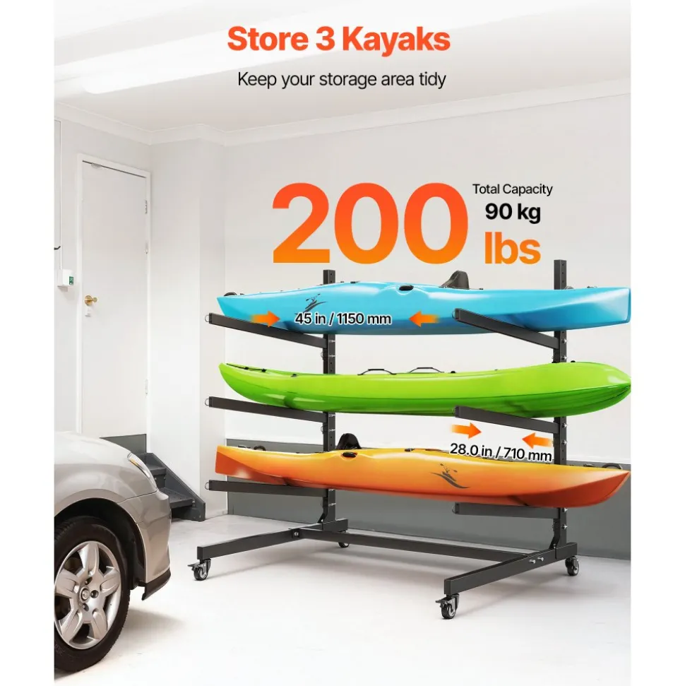 VEVOR Kayak Storage Rack for 3 Kayaks, Holds 200 lbs, Heavy Duty Adjustable Freestanding Stand with Lockable Wheels for Indoor Outdoor Garage Shed Dock, Holder for Canoe, SUP, Surfboard & Paddleboard