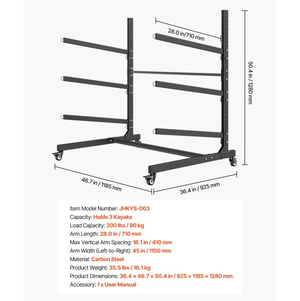 VEVOR Kayak Storage Rack for 3 Kayaks, Holds 200 lbs, Heavy Duty Adjustable Freestanding Stand with Lockable Wheels for Indoor Outdoor Garage Shed Dock, Holder for Canoe, SUP, Surfboard & Paddleboard