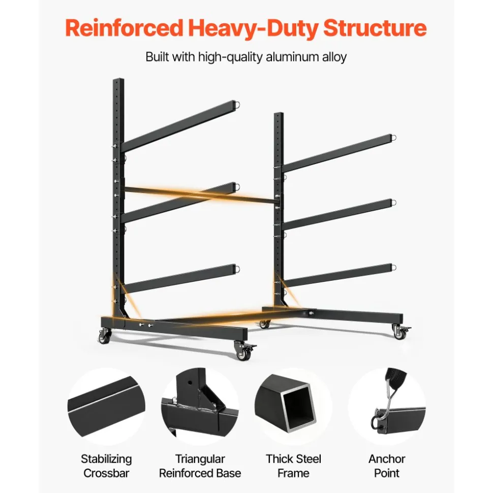 VEVOR Kayak Storage Rack for 3 Kayaks, Holds 200 lbs, Heavy Duty Adjustable Freestanding Stand with Lockable Wheels for Indoor Outdoor Garage Shed Dock, Holder for Canoe, SUP, Surfboard & Paddleboard