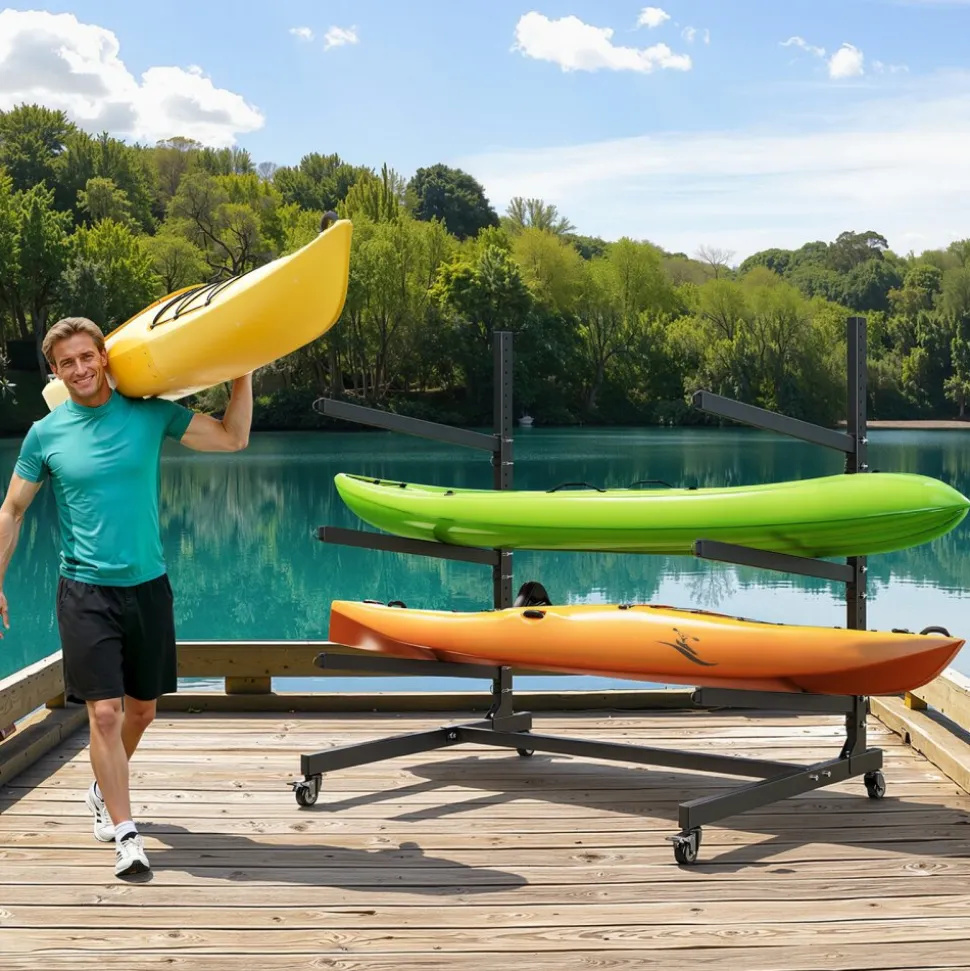 VEVOR Kayak Storage Rack for 3 Kayaks, Holds 200 lbs, Heavy Duty Adjustable Freestanding Stand with Lockable Wheels for Indoor Outdoor Garage Shed Dock, Holder for Canoe, SUP, Surfboard & Paddleboard