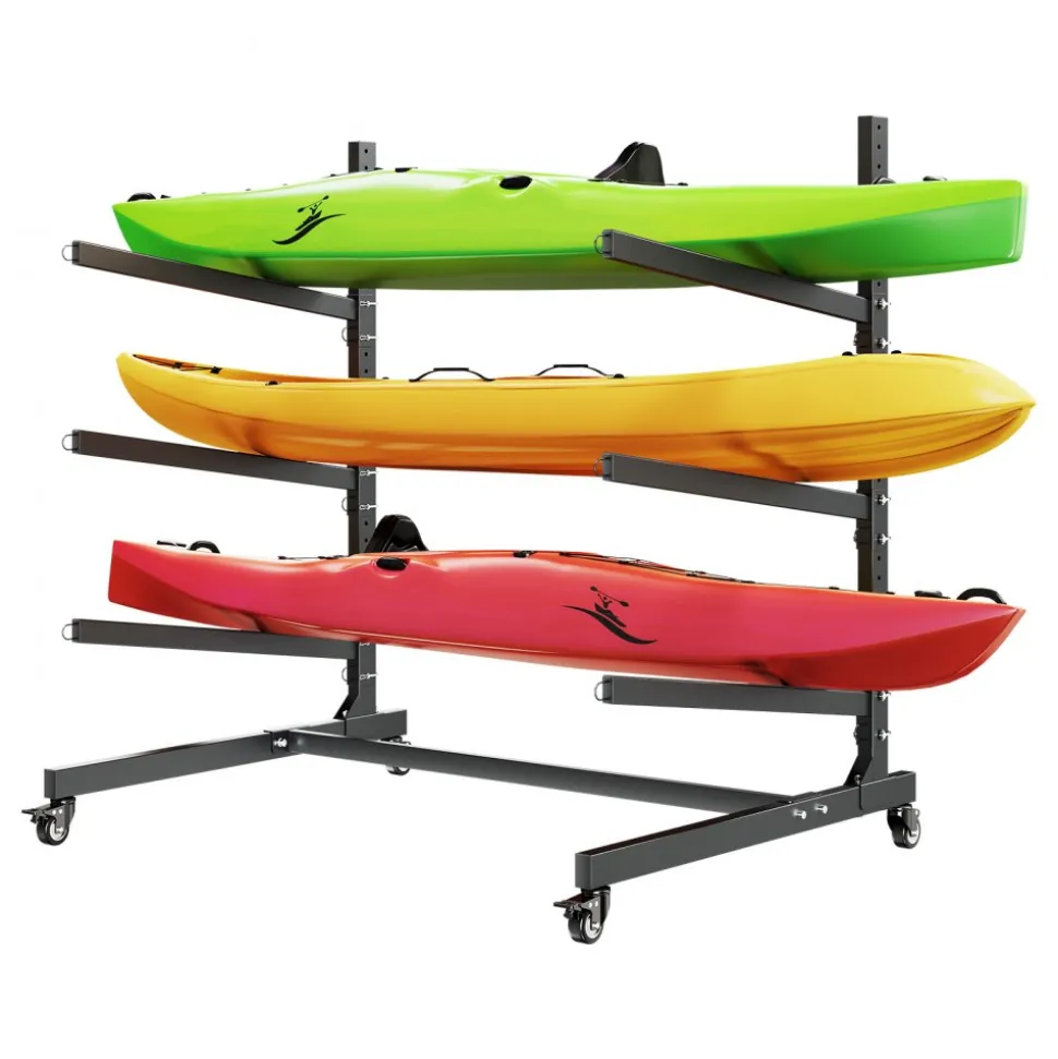 VEVOR Kayak Storage Rack for 3 Kayaks, Holds 200 lbs, Heavy Duty Adjustable Freestanding Stand with Lockable Wheels for Indoor Outdoor Garage Shed Dock, Holder for Canoe, SUP, Surfboard & Paddleboard