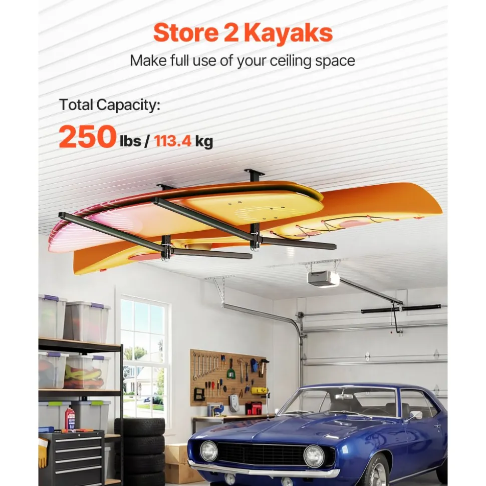 VEVOR Kayak Storage Rack for 2 Kayaks, Holds Up to 250 lbs, Heavy Duty Adjustable Ceiling Rack for Garage Ceiling Mount, Overhead Garage Storage Hanger for Canoe, Ladder, SUP, Surfboard & Paddleboard