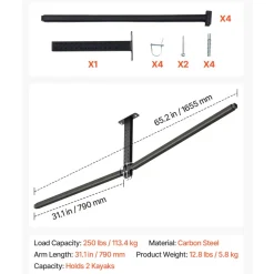 VEVOR Kayak Storage Rack for 2 Kayaks, Holds Up to 250 lbs, Heavy Duty Adjustable Ceiling Rack for Garage Ceiling Mount, Overhead Garage Storage Hanger for Canoe, Ladder, SUP, Surfboard & Paddleboard